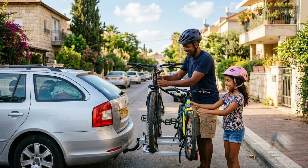 משפחה ישראלית טוענת אופניים על מנשא רכב לקראת טיול משפחתי בקיץ