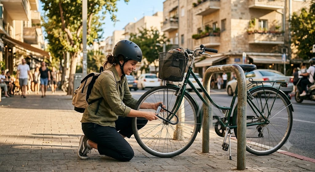 רוכב חובש קסדה נועל אופניים במנעול פרסה למתקן אופניים ברחוב עירוני בישראל