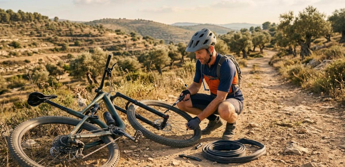 רוכב אופני הרים עם קסדה כורע בשביל עפר בישראל ומתקן תקר באמצעות משאבה ופנימית חלופית