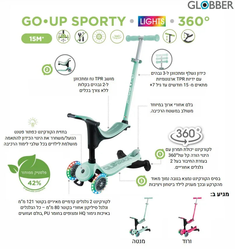 קורקינט משולב עם אופני איזון והליכון גלובר Globber GO UP SPORTY LIGHTS 360° - Bikes Online