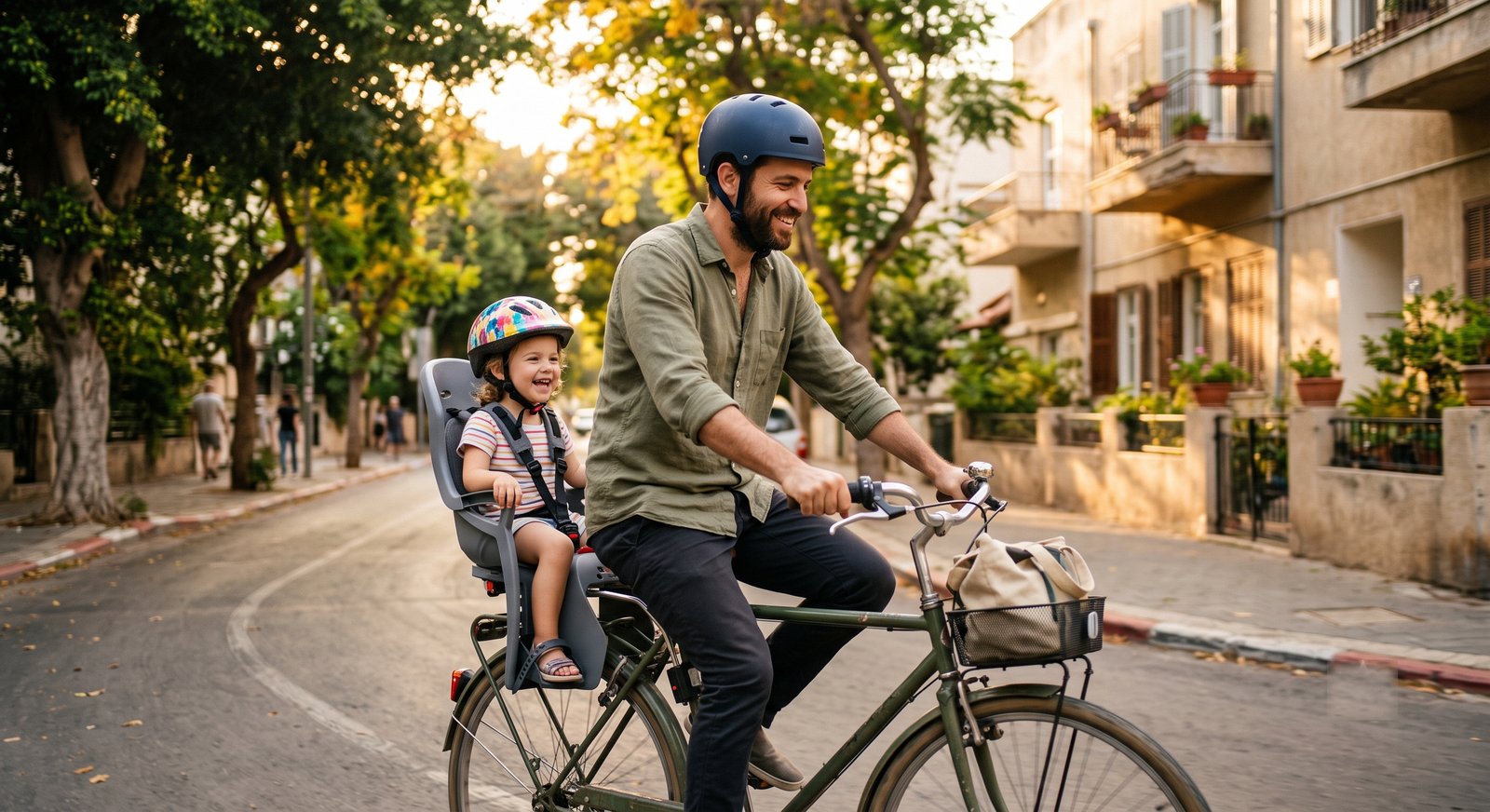 הורה מוביל ילד עם קסדה בכיסא בטיחות על אופניים ברחוב ישראלי