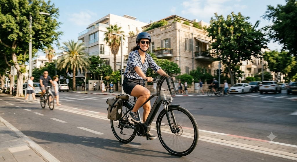 רוכבת חובשת קסדה רוכבת על אופניים חשמליים לעיר ברחוב עירוני בישראל