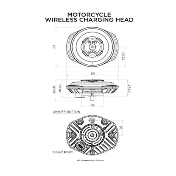 מטען אלחוטי לטלפון מוגן מים לאופנועים Quad Lock Weatherproof Wireless Charging Head